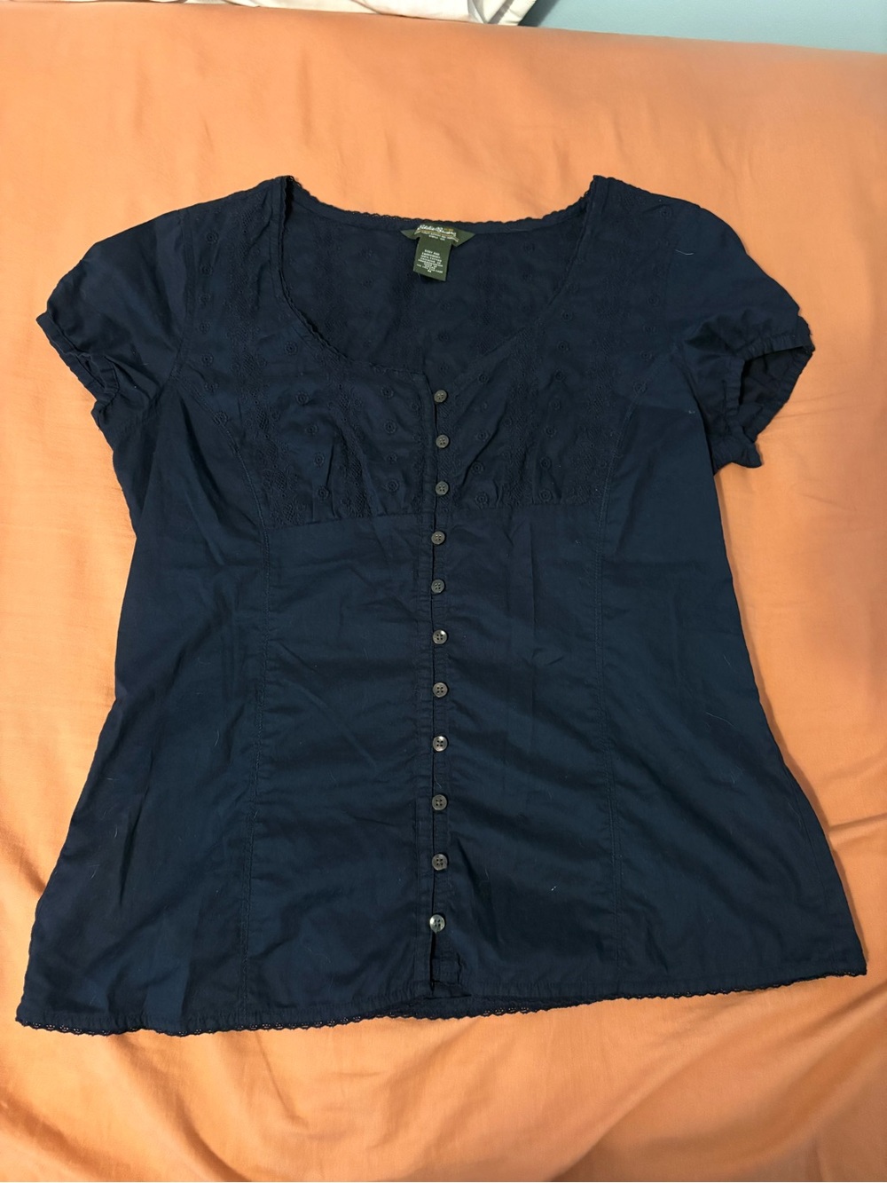 Eddie Bauer Navy Button-Front Short Sleeve Top